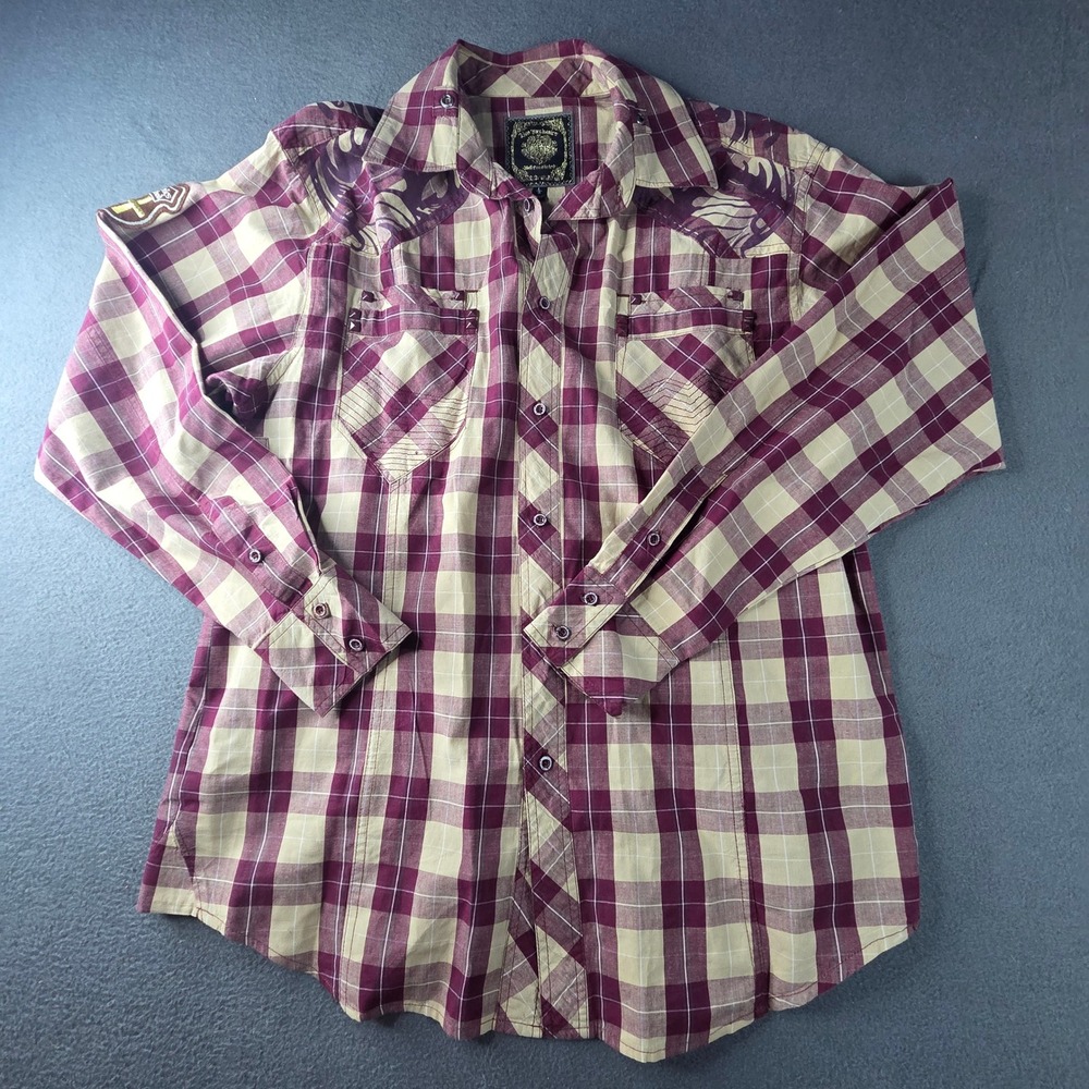 Live Mechanics Mens Large Maroon Plaid Graphic Button Down Shirt Long Sleeve Y2K